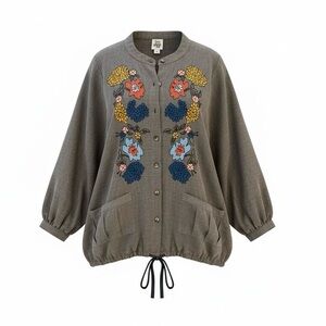 Ivy Jane Embroidered Flowers S/M Gray Boho Top Blouse Spring Hippie